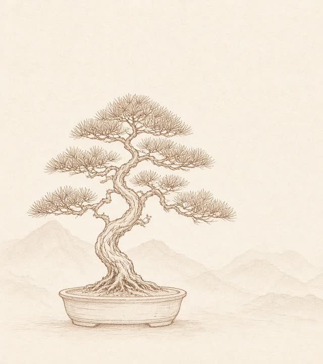Drawn pine bonsai in a shallow pot